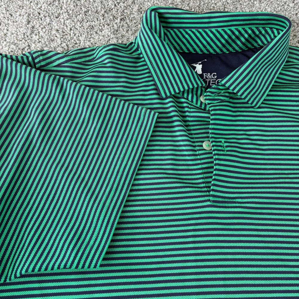 Fairway & Green F&G Tech Mens‎ Golf Polo Shirt L Striped Green Blue Short Sleeve